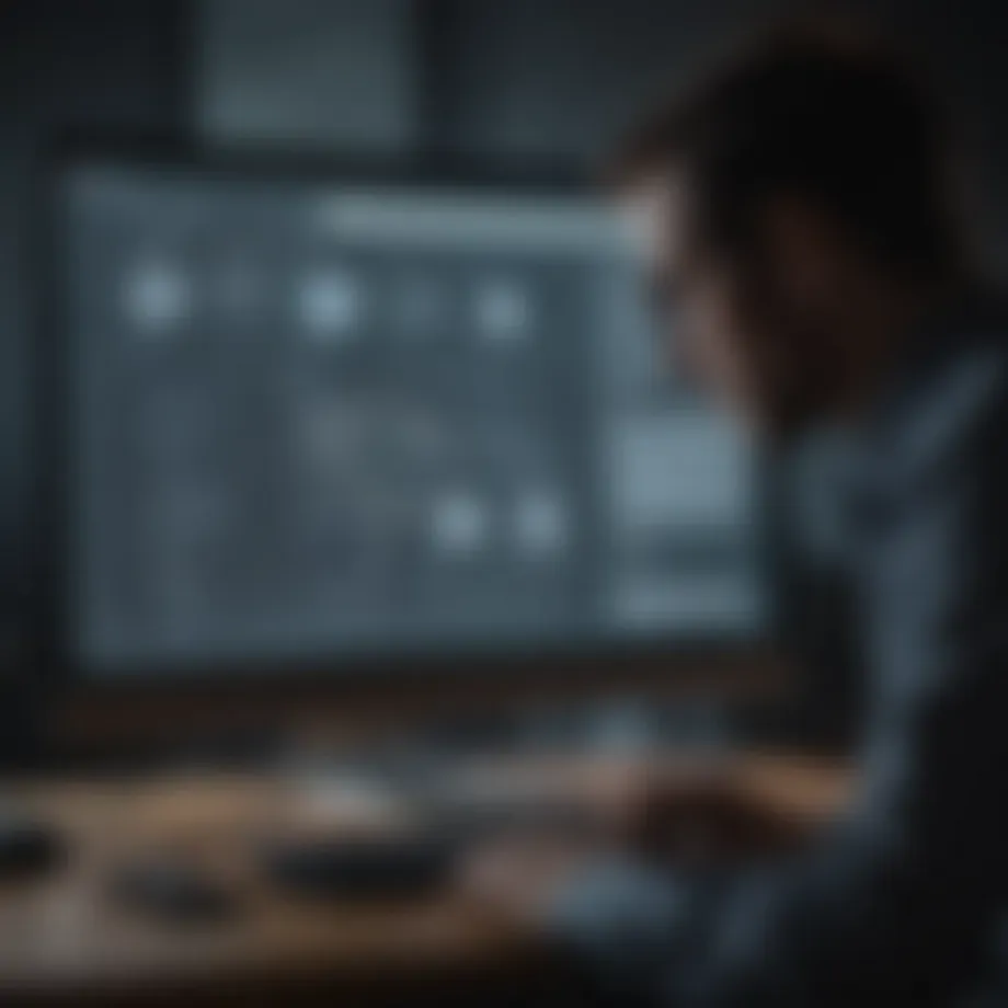 Silhouetted figure looking at a computer screen with magnifying glass