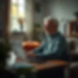 Senior working on a laptop at home