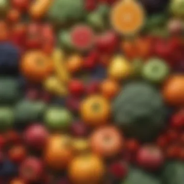 Nutrient-rich Fruits and Vegetables for Immune Health Illustration of a colorful array of fruits and vegetables