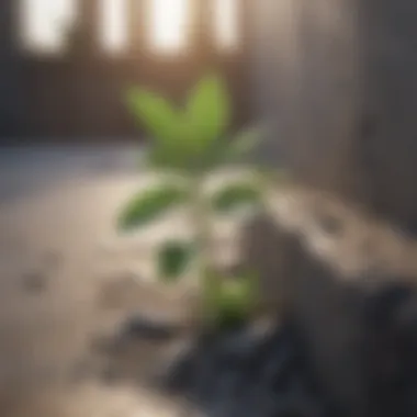 Close-up of a delicate plant breaking through concrete