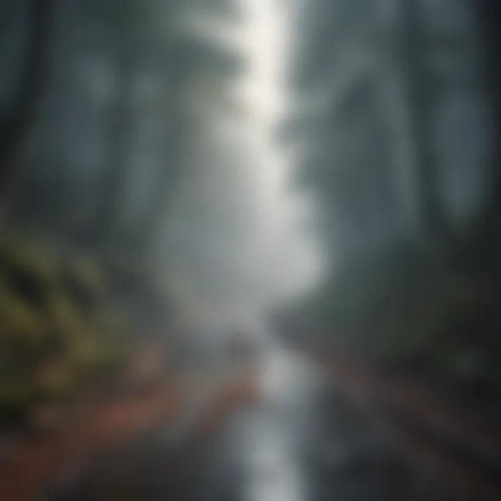 A winding road disappearing into a misty forest