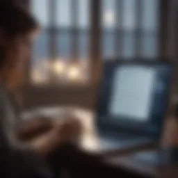 A person thoughtfully drafting an email on a modern laptop.