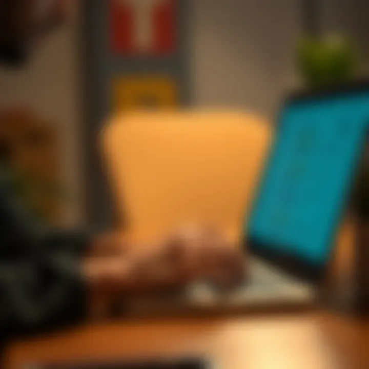 Thoughtful Email Composition A close-up of a person typing an email on a laptop with a thoughtful expression.