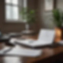 Elegant office desk with resignation letter and pen