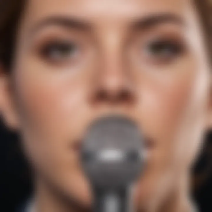 A close-up of a person practicing pronunciation with a microphone.