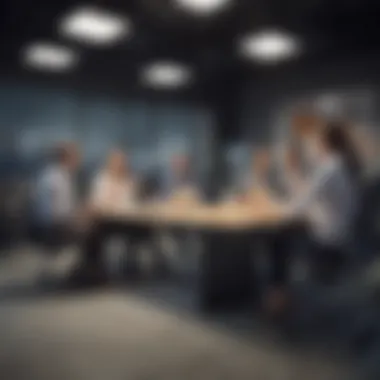 Dynamic Office Discussion A group engaged in a dynamic discussion in a modern office setting
