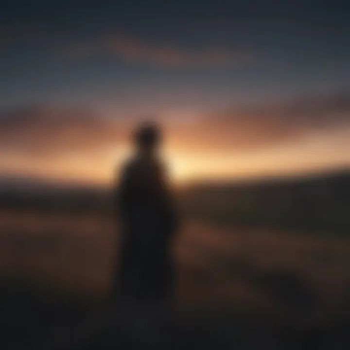 Ethereal silhouette of a solitary figure standing in a field at twilight