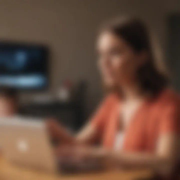 Mother using technology while watching over child