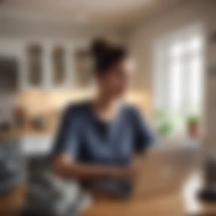 Mother working on laptop surrounded by household chores