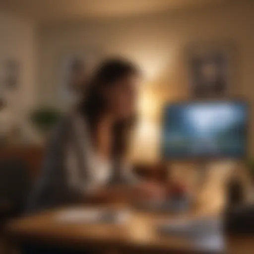 Mother working on laptop in dimly lit room