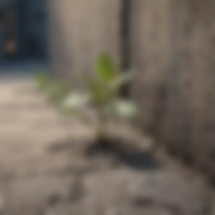 A close-up of a plant growing through cracks in concrete, symbolizing resilience