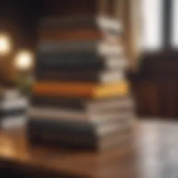 A stack of influential leadership books on a wooden desk