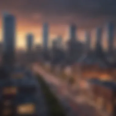 Leading in Urban Diversity Modern city skyline with various buildings showcasing leadership diversity