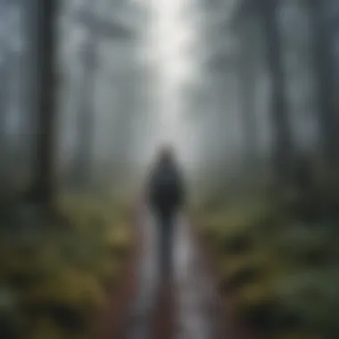 Person walking through foggy forest with uncertain path ahead