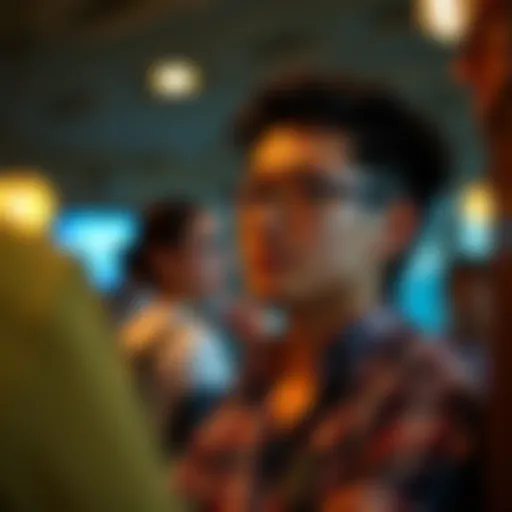 A thoughtful individual observing gestures in a social setting