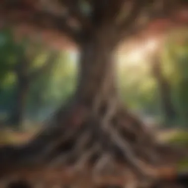 Rooted Blooms of Passion Illustration of a tree with deep roots and vibrant blossoms representing nurturing passions for personal growth