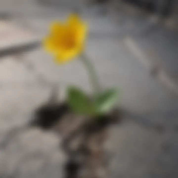 A blooming flower emerging from cracks in concrete, symbolizing resilience and growth despite adversity.