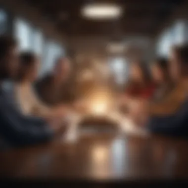 A diverse group discussing strategies with books open on a conference table