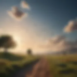 A serene landscape with musical notes floating in the air
