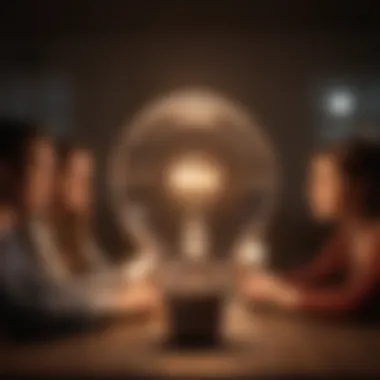 Collaborative Idea Generation A light bulb above a diverse group discussing ideas showcasing collaboration