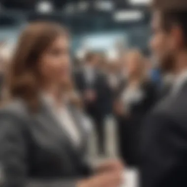Networking at a Modern Job Fair Diverse professionals networking at a modern job fair