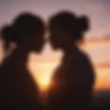 Silhouette of two figures facing each other in a sunset setting