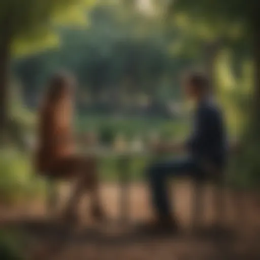 Two individuals sharing a heartfelt conversation in a serene park