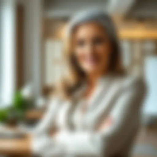 A mature professional woman in a modern office setting, exuding confidence