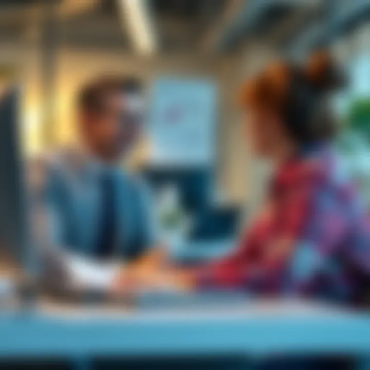 An office setting showcasing a positive interaction between a boss and employee