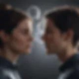 Silhouette of two individuals communicating with digital speech bubbles