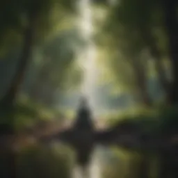 A serene landscape with a person meditating in nature