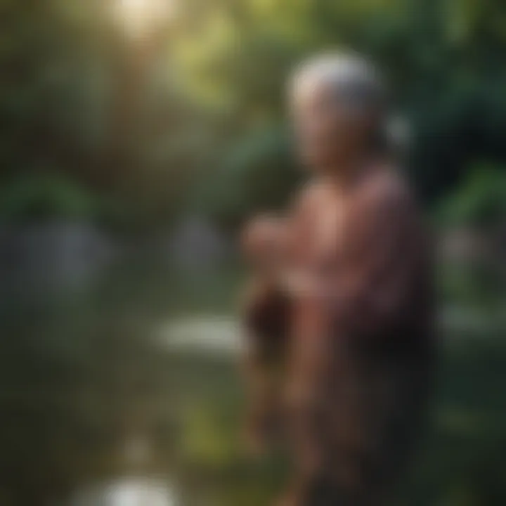 Elderly person meditating peacefully by the water