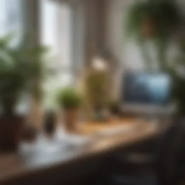 A close-up of a calming workspace with plants and soft lighting