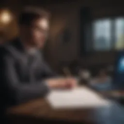 A thoughtful individual analyzing career options with a notepad and laptop.