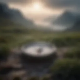 A compass amidst a foggy landscape symbolizing the search for direction