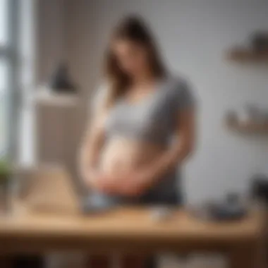 A serene workspace with a closed laptop and maternity items, symbolizing leave