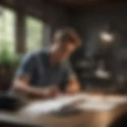 A thoughtful individual preparing notes for a phone interview