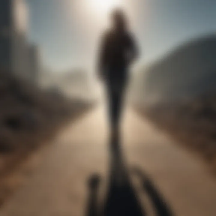 Silhouette of a person walking towards a brighter path