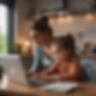 A mother working on a laptop at home with her child nearby, illustrating the concept of remote work flexibility.