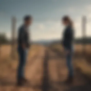 Barbed wire fence separating two individuals depicting emotional distance