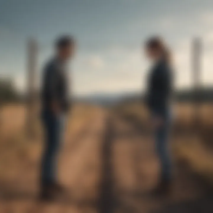 Barbed wire fence separating two individuals depicting emotional distance