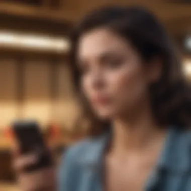A woman looking thoughtfully at a phone, considering her relationship