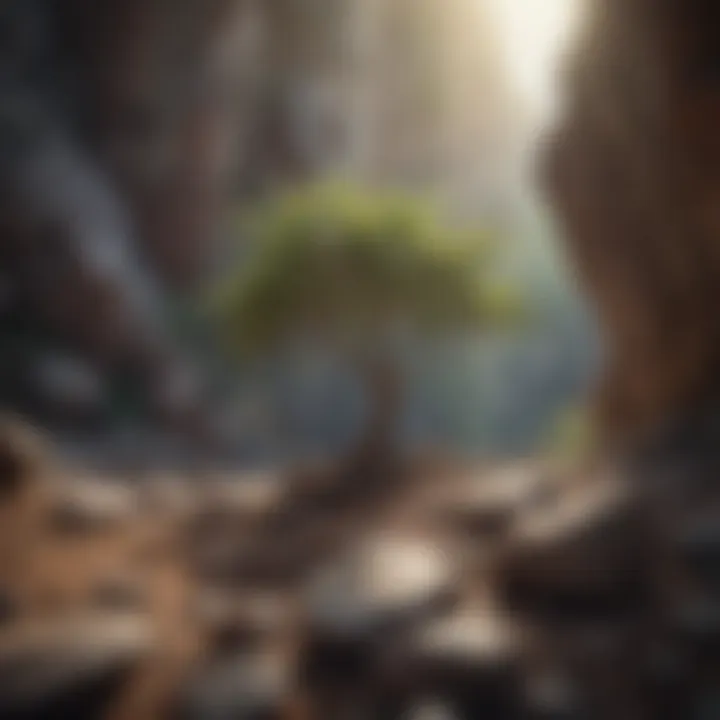 A tree growing amidst rocky terrain, showcasing resilience and growth