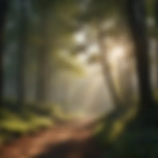 A serene morning landscape with sunlight filtering through trees