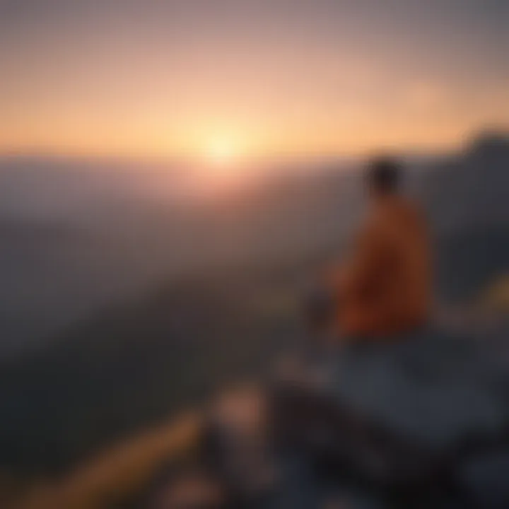 Person meditating on a mountaintop at sunrise