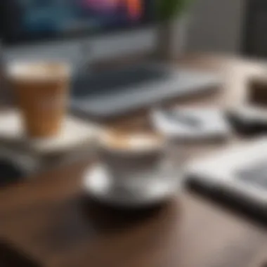 A workspace with a coffee cup and a notepad symbolizing a break