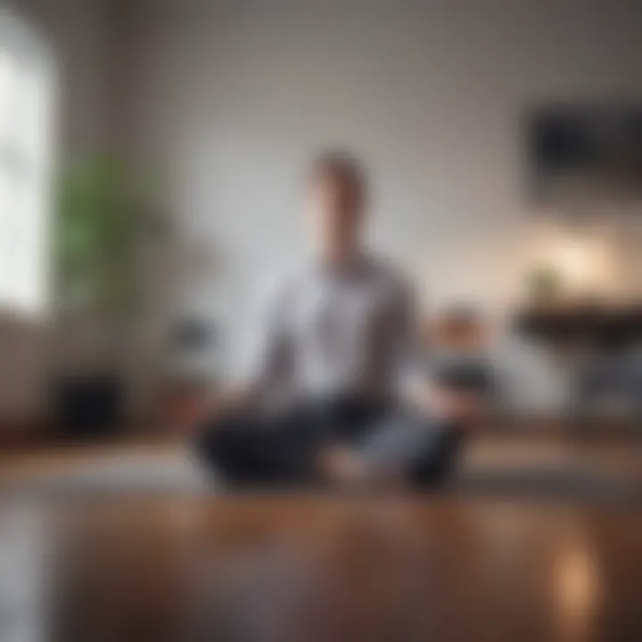 A person meditating in an office setting representing mindfulness