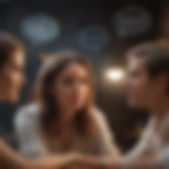 A group discussion with individuals sharing their review insights, with dialogue bubbles