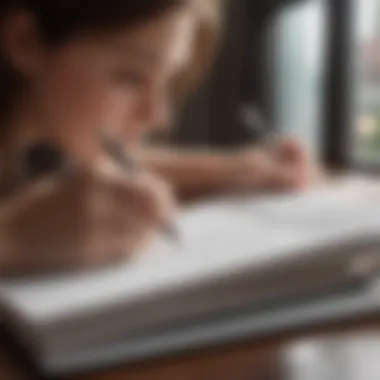 Close-up of a person writing in a journal, showcasing their focused expression and a pen in hand.